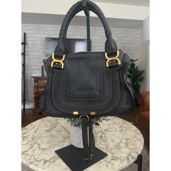 Chloe Dark Navy Pebbled Leather Marcie Satchel Womens Bags Size Medium Authentic - Picture 2 of 15